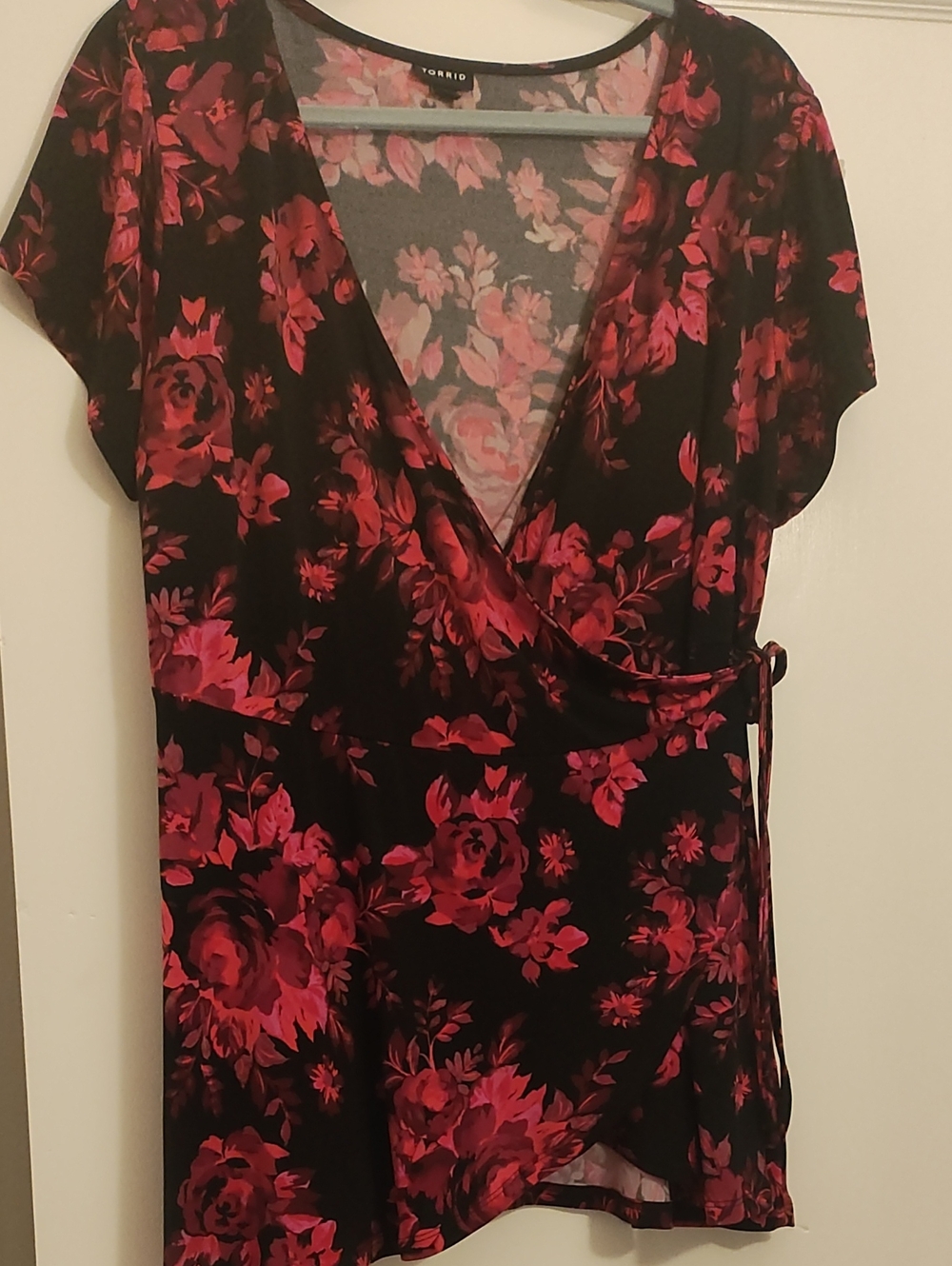 torrid Black Wrap Blouse with Pink and Red Floral Print